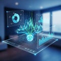 Futuristic holographic data visualization displaying financial charts and graphs in modern office Royalty Free Stock Photo