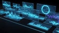 Futuristic holographic data visualization displays showing complex abstract financial waveforms and statistical bar graphs Royalty Free Stock Photo