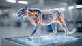 Futuristic holographic digital model of a roaring big cat with glowing neural network patterns displayed on a sleek touch screen Royalty Free Stock Photo