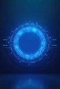 Futuristic holographic display circle interface with glowing digital lines and intricate data streams on a dark background. Royalty Free Stock Photo
