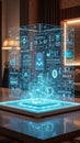 Futuristic holographic display with digital graphics in modern interior setting Royalty Free Stock Photo