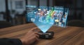 Futuristic holographic display projector showcasing complex data and visual information on a wooden table Royalty Free Stock Photo