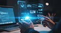 Futuristic holographic display showing llm data and insights with hands interacting Royalty Free Stock Photo