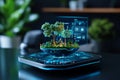 Futuristic holographic display showing a miniature forest ecosystem on a sleek digital device in a modern setting