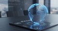 Futuristic holographic display shows a 3D digital globe hovering above a sleek black Royalty Free Stock Photo