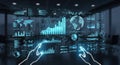 Futuristic holographic display shows global data visualization and financial analytics Royalty Free Stock Photo