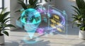 Futuristic holographic display shows global network and automated workflow in office setting Royalty Free Stock Photo