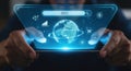 Futuristic holographic display shows global network data and search interface white background Royalty Free Stock Photo