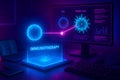 Futuristic holographic display shows immunotherapy cell targeting with glowing blue and pink light science Royalty Free Stock Photo