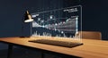 Futuristic holographic display shows stock market data and binary code on desk Royalty Free Stock Photo
