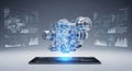 Futuristic holographic engine displayed above a digital interface with data visualizations Royalty Free Stock Photo