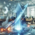 Futuristic holographic financial data visualizations with ascending arrows and bar graphs in a modern office setting representing Royalty Free Stock Photo