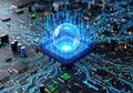 Futuristic holographic globe emitting blue light over a complex microchip circuit board symbolizing advanced technology and Royalty Free Stock Photo