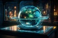 Futuristic Holographic Globe: Interconnected Continents and Technology Icons