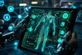 Futuristic holographic human body and various health status indicators and data analytics Royalty Free Stock Photo