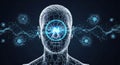 Futuristic holographic human head with digital brain and sci-fi network connections Royalty Free Stock Photo