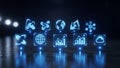 Futuristic holographic icons representing technology and data analytics in a dark environment Royalty Free Stock Photo