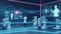 Futuristic holographic interface and data visualization in a modern control room Royalty Free Stock Photo
