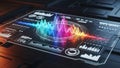 Futuristic holographic interface displaying colorful sound waves and data analysis charts Royalty Free Stock Photo