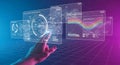 Futuristic holographic interface displaying complex data and analytics with a human hand touching Royalty Free Stock Photo