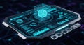 Futuristic holographic interface displaying complex data and a glowing crystal core Royalty Free Stock Photo