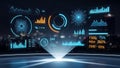 Futuristic holographic interface displaying complex data, graphs, and analytics analysis Royalty Free Stock Photo