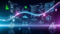 Futuristic holographic interface displaying complex data visualizations and geometric shapes with glowing light streams Royalty Free Stock Photo