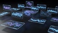 Futuristic holographic interface displaying complex digital data visualizations including waveforms and interconnected network Royalty Free Stock Photo