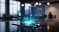Futuristic holographic interface displaying customer insights and financial data analytics on a tablet device Royalty Free Stock Photo