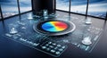 Futuristic holographic interface displaying data analytics and a circular chart with city view Royalty Free Stock Photo