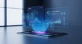 Futuristic holographic interface displaying financial charts and customer data analytics on a digital tablet device Royalty Free Stock Photo