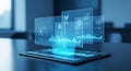 Futuristic holographic interface displaying financial charts and data analytics projected from a tablet device Royalty Free Stock Photo