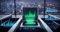 Futuristic holographic interface displaying stock market data analytics over a city skyline at night Royalty Free Stock Photo