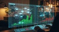 Futuristic holographic interface displaying stock market data and network analytics Royalty Free Stock Photo