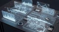 Futuristic holographic interface displays complex data analysis and financial charts on desk Royalty Free Stock Photo