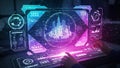 Futuristic Holographic Interface Displaying a3D Cityscape with Data Visualizations and Hands Interacting Royalty Free Stock Photo
