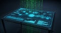 Futuristic holographic interface displays data flow and analytics on a transparent table Royalty Free Stock Photo