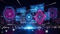 Futuristic holographic interface displays with glowing geometric shapes and data visualizations over a blurred city skyline Royalty Free Stock Photo