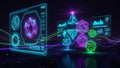 Futuristic holographic interface displaying geometric shapes and data visualizations with neon lights and flowing lines Royalty Free Stock Photo