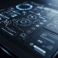 Futuristic holographic interface featuring various digital elements and diagrams,