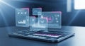 Futuristic holographic interface displaying financial charts and data analysis on a tablet device Keywords Royalty Free Stock Photo