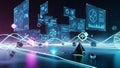 Futuristic holographic interface with glowing geometric shapes and data streams technology Royalty Free Stock Photo