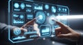 Futuristic Holographic Interface with Hands Interacting with Data Visualizations Royalty Free Stock Photo
