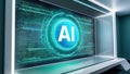 futuristic holographic interface showcasing AI algorithm with binary code flowing across screen, representing advanced technology Royalty Free Stock Photo