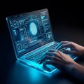 Futuristic holographic laptop with transparent interface and fingerprint scanner technology Royalty Free Stock Photo