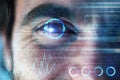 Futuristic, holographic or man with eye scan in digital cybersecurity technology for identity database. Biometric laser Royalty Free Stock Photo