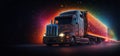 A futuristic and holographic neon glowing freight truck against a dark background. Ideal for sci-fi, transportation, and