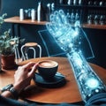 futuristic holographic prosthetic robot arm in a cafe