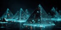 Futuristic holographic pyramid in a neon digital landscape Royalty Free Stock Photo