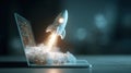 Futuristic Holographic Rocket Launching from Laptop with Glowing Particles Royalty Free Stock Photo